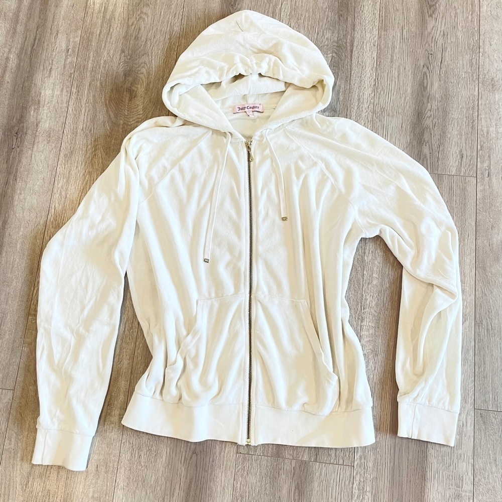 Juicy Couture Cream White Velour Zip Up Long Sleeve Hooded Jacket Size Large